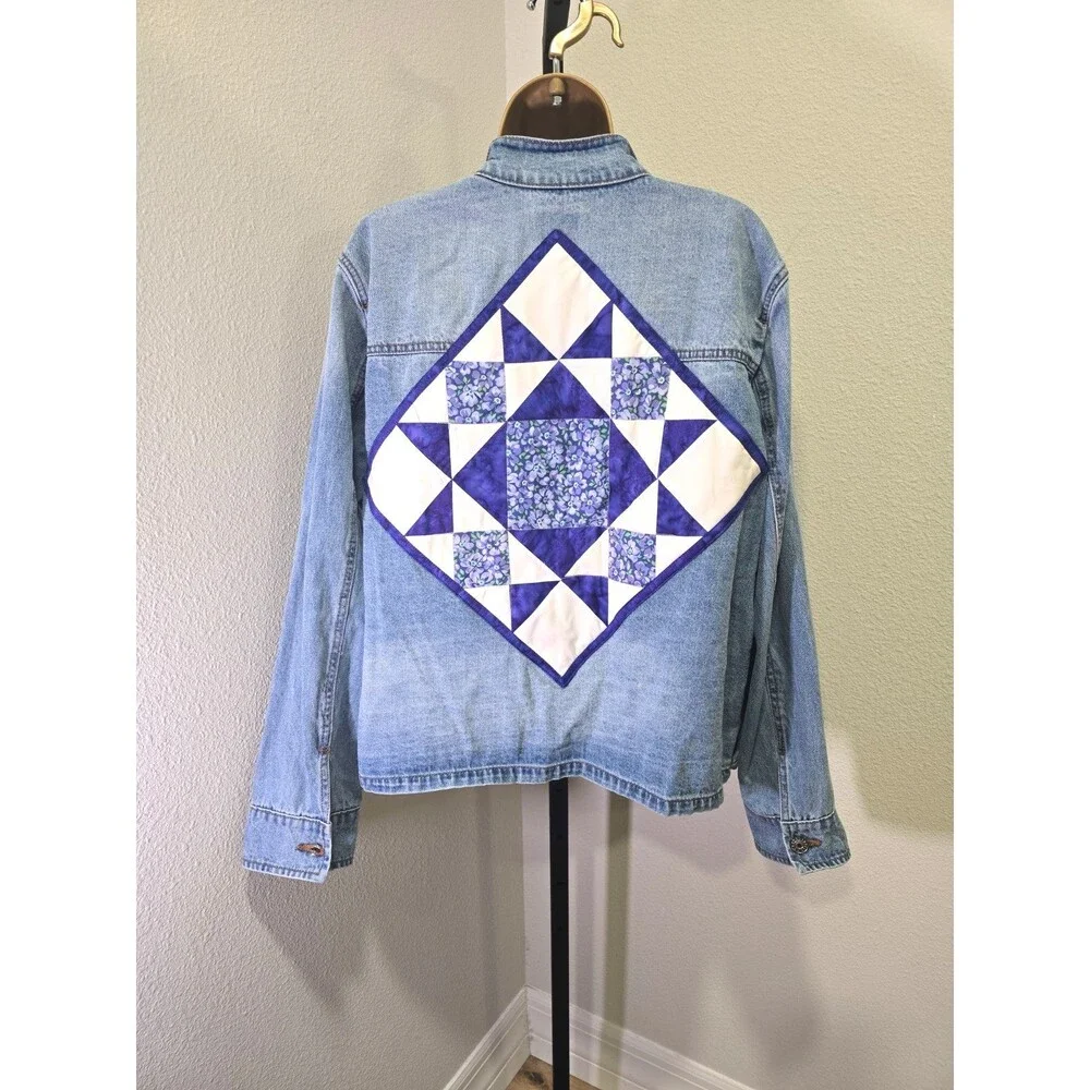 Upcycled Denim Jean Jacket Womens XL Blue Quilt Square Coastal Grandma Folk Art